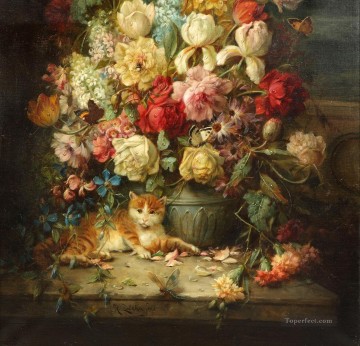 古典的な花 Painting - 花の下の猫 ハンス・ザツカ